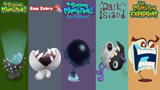 My Singing Monsters, Raw Zebra, Lost Landscapes, Dark Island, Monster Exolorers Redesign Comparisons