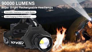 Bud K LED Headlamp USB Rechargeable, Head Lamp XHP70 Super Bright 90000 High Lumen with 5 Modes