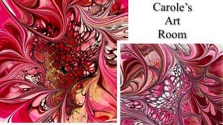 (1115) Awesome Red & Gold Modified Blooms, Acrylic Paint Pouring