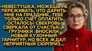 -Невестушка, не переживай, я себе подарок уже купила, вот счёт оплати, но...