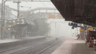 Train in dangerous rain  WAP7 Shatabdi+ Shantiniketan+ Vande Bharat attacks Balrambati at 130kph-IR