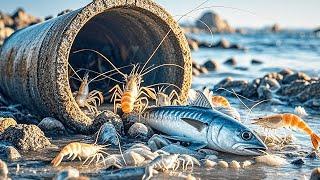 After the tide receded, I arrived at the drain, which was full of seafood and a fresh big mackerel!