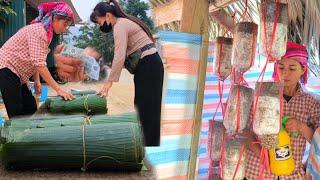 After selling banana leaves for some money, mother bông bought straw mushroom spawn to grow as food.