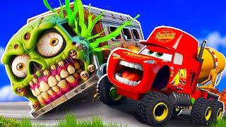 Lightning McQueen Mixer Truck & Tow Mater VS BUS MEGA ZOMBIE slime Apocalypse in BeamNG.drive ‍️