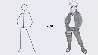 How to draw Boruto Uzumaki full body out of Stick man | Easy step-by-step