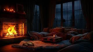 Heavy Rain & Cozy Fireplace Sounds - Warm Living Room Ambiance with Sleeping Cat