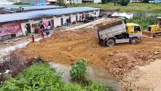 Full Video.!! Dump Trucks And KOMATSU Dozer By Fill the soil drainage In front of the farmer's house