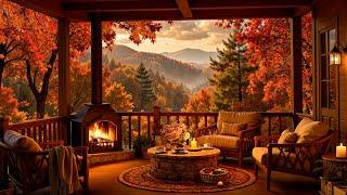 Cozy Fall Porch Ambience with Relaxing Jazz Music, Rain Sounds & Crackling Fireplace for Work, Study