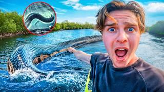 24 Hours SURVIVING a GIANT POND MONSTER! (GATORS, CRABS & SOMETHING HUGE!)