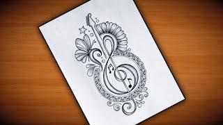Guitar Music Note Mandala art with Flower Butterfly Drawing/Guitar Music Note Butterfly Mandala art