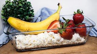 Just add banana and strawberries to cottage cheese. Easy and fast!