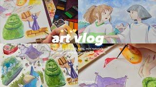 art vlog  watercolor painting chihiro & haku, random studio ghibli characters painting process⭐️