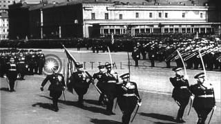 Soviet Premier Joseph Stalin reviews a military parade during May Day celebration...HD Stock Footage