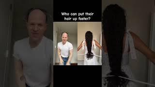 WHO CAN PUT THEIR HAIR UP FASTER? #hair #hairstyle #haircare #youtubeshorts #shorts #bald