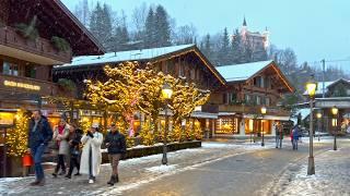 Gstaad Snowfall Christmas lights Walk 2024 December ️   4K Winter Switzerland Snow Walking Tour