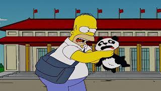 Homer strangles a panda in Tiananmen Square