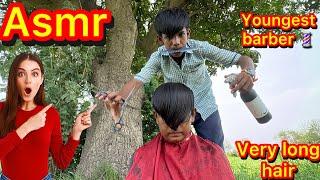 Asmr youngest barber  cut very long hair