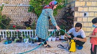 spraying ornamental flowers and trees:Exploring Iran's Nomadic Lifestyle,daily village life