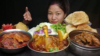 ASMR EATING SPICY MUTTON CURRY, CHICKEN LIVER AND GIZZARD CURRY, FISH CURRY WITH LOT'S OF PURI