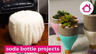 DIY Upcycled Soda Bottle Decor | Faux Fur Ottoman, Concrete Planters, Hanging Lights