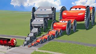 Big & Small Tesla Cybertruck vs Big & Small Lightning Mcqueen vs Choo-Choo Iron Man Train | BeamNG