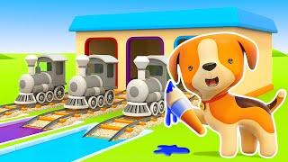 The puppy colors the trains for kids. Helper cars cartoons for kids. Street vehicles cartoon.