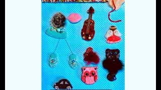 Review of handmade beaded brooches/Badges. Lips, Car, Bunny, Violin, Cat, Angel, Hat+Mittens & owl.