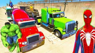 SPIDERMAN TRUCKS jump Challenge on WINDMILL Ramp ! SUPERHERO HULK Iron Man RACING CARS - GTA 5