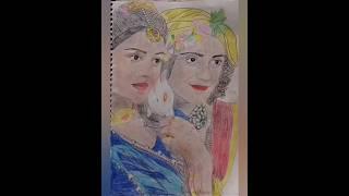 pencil drawing and painting of Radha Krishna