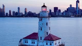 Drone Flight - One Mile Out In The Lake - Sunset at Chicago Harbor Lighthouse