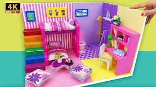 DIY Cardboard Room Decor | Miniature Bedroom with Rainbow Stairs 