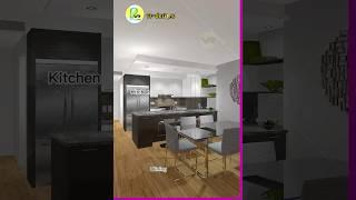 3D Animation: Modern Apartment Design Idea, Living Room with Fireplace, Dining & Open Kitchen...