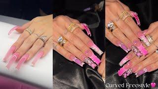 Pink Punk Curved nails🩷 Acrylic nail freestyle + Hand painted art 🩷