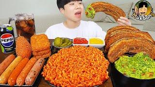 ASMR MUKBANG | Fire Noodles, Hot dog, pork belly, sausage recipe ! eating