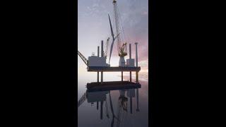 Offshore wind turbine installation vessel lifting wind blade 3d animation