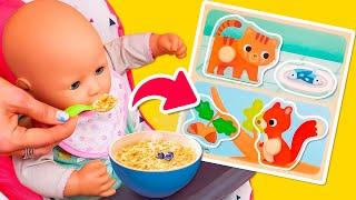 Bébé Annabelle apprend ce que mangent les animaux. Jeux avec poupées pour filles