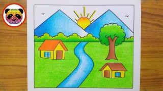 Scenery Drawing / How to Draw Beautiful Landscape Scenery / Village Scenery Drawing Easy / Scenery