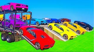 Flatbed Trailer Super Cars Transportation on Trucks | Color Cars on Truck vs Speedbumps | GTA 5