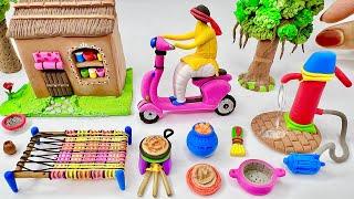 DIY How to Make Polymer Clay Miniature House, Kitchen set, Scooter, Doll Milkman,Hand pump Dollhouse