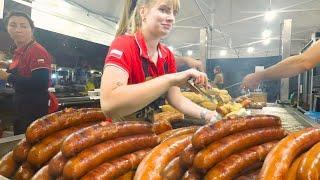 Night Street Food in Milan, Italy. Huge Kielbasa, Ribs, Pork and more Food