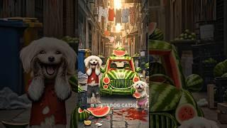  A cat and his kitten in a red sports car destroyed the poor dog and his puppy's watermelon car