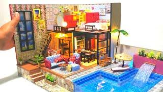 *NEW DIY Miniature Dollhouse Two Storey Mansion with fountain and a real swimming pool