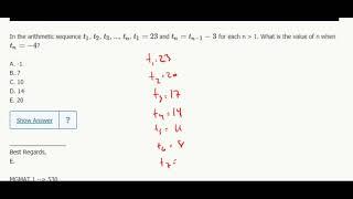 Sequences 1- In the arithmetic sequence t1, t2, t3, ..., tn, t1=23 and tn=tn−1−3 for each ...