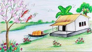 How to draw scenery of spring season step by step//Riverside village scenery drawing