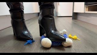 Boots crush stuffed toy - ASMR crushing and trampling in black shiny boots - teddy bear