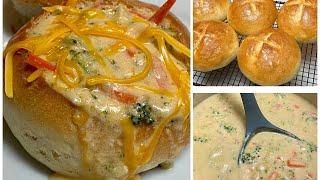 Broccoli Cheddar Cheese Soup in a Homemade Bread Bowl  Step by Step!! This is sooo good!