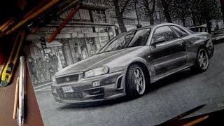 Рисунок карандашами NISSAN SKYLINE R34 GT-R / Фотореализм чернографитными карандашами / ISP DRAWING