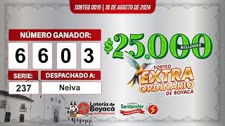 Premio Mayor | Lotería de Boyacá Sorteo 0015 #CanalTelesantiago 16 de agosto 2024