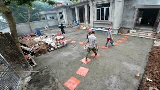 How workers pour concrete, build flower beds and pave amazing patios