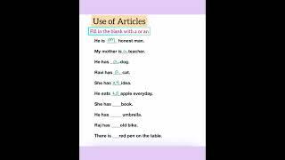 Articles exercise grade 4, 5, English grammar/ A or an practice/ practice exercise for Students